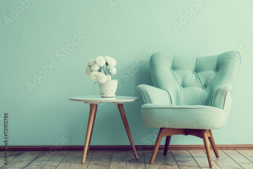 Modern cozy armchair interior design home living room or color wall furniture decor. Stylish trendy minimal chair and table with house decoration luxury contemporary background. Furniture store ads . © Synthetica