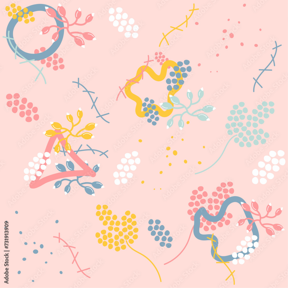 Spring seamless pattern with multicolored branch, flowers, dots. Colorful vector illustration done in blue, yellow, red, pink colors. For cards, banners, wallpaper, textile, wrapping. Editable stroke	