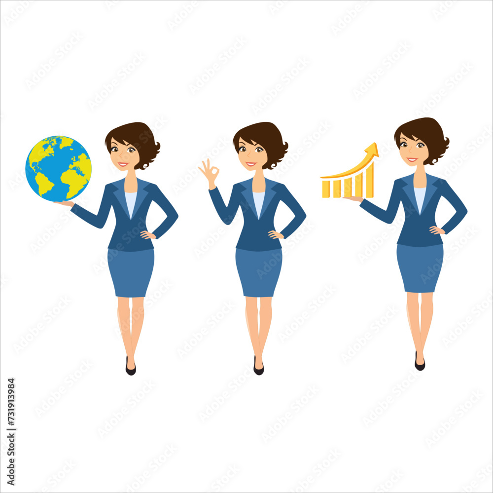 Modern business woman concept. Vector illustration. Diagram, globe.Businesswoman. Business lady.
Modern business woman concept. Vector illustration. Diagram, globe.Businesswoman. Business lady.