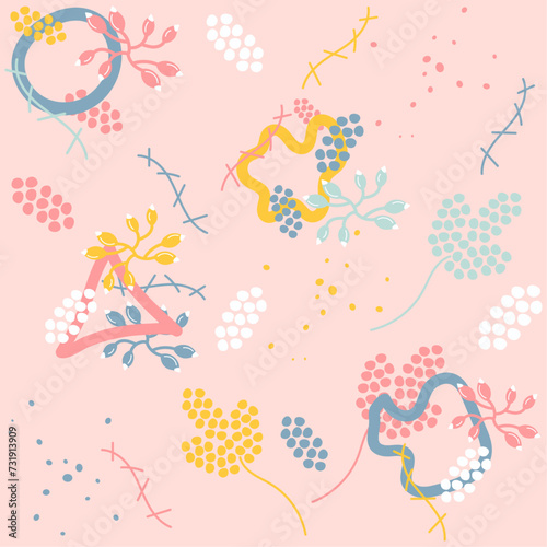 Spring seamless pattern with multicolored branch, flowers, dots. Colorful vector illustration done in blue, yellow, red, pink colors. For cards, banners, wallpaper, textile, wrapping. Editable stroke 