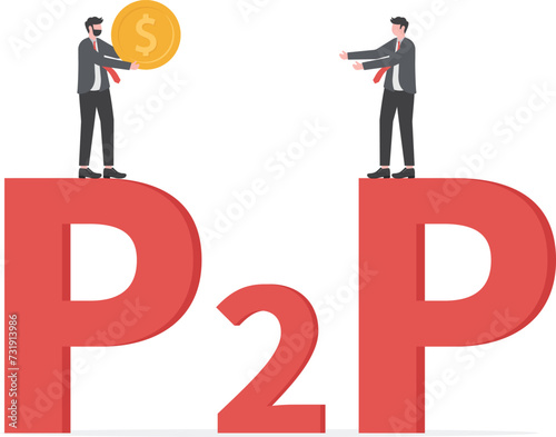 Peer to peer payments. Two Businessmen interacting with each other. Cryptocurrency virtual transaction. Vector illustration.

