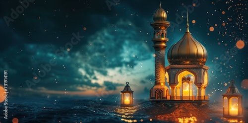 Majestic Mosque Dome and Crescent Moon Illustration with Ample Copy Space, Crafted by Generative AI photo