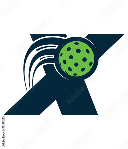 A beautiful flying pickleball logo vector over the letter X. You can use it as club logo, banner design etc.