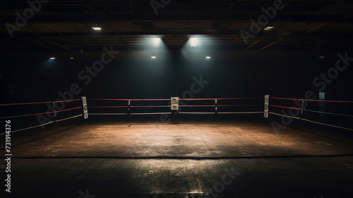Empty boxing ring under spotlights, exuding a dramatic atmosphere. The isolated arena awaits the intensity of competition, capturing the essence of challenge and confrontation