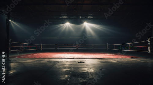 Empty boxing ring under spotlights, exuding a dramatic atmosphere. The isolated arena awaits the intensity of competition, capturing the essence of challenge and confrontation © David