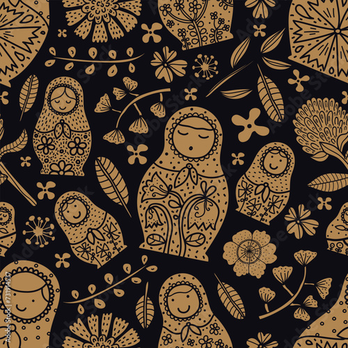 Russian  gold Matryoshka and flowers. Cute babushka. 4 seamless pattern. Can be used in textile industry, paper, background, scrapbooking.Vector