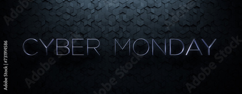 Luxury Banner with Thin, Silver 3D Words on Diamond tiles. Cyber Monday Background with copy-space. photo