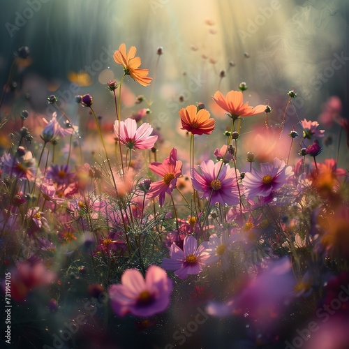 Beautiful field of colorful cosmos flower in a meadow in nature in the rays of sunlight in summer in the spring close-up of a macro. A picturesque colorful artistic image with a soft focus