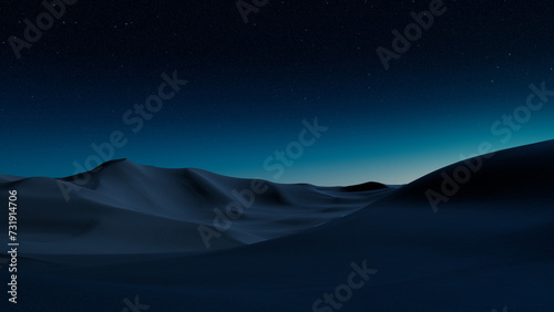 Desert Landscape with Sand Dunes and Blue Gradient Starry Sky. Empty Modern Wallpaper. photo