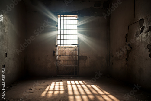 Desolate Confinement  An empty prison cell bathed in contrasting light  symbolizing the struggle for freedom and the harsh reality of captivity. A powerful image for themes of justice and confinement