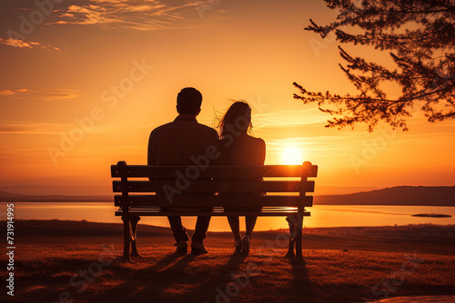 Paar sitzt auf einer Bank und genießt den Sonnenuntergang