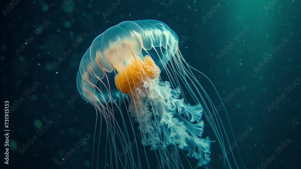 Encounter a phantom in the abyss as a translucent jellyfish drifts silently, a ghostly presence navigating the deep ocean currents with grace - obrazy, fototapety, plakaty 
