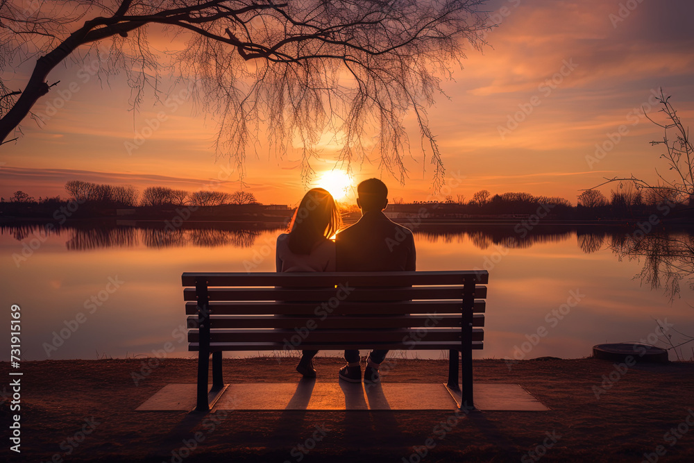 Paar sitzt auf einer Bank und genießt den Sonnenuntergang