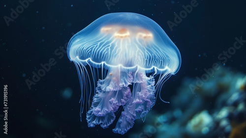 Encounter a phantom in the abyss as a translucent jellyfish drifts silently, a ghostly presence navigating the deep ocean currents with grace