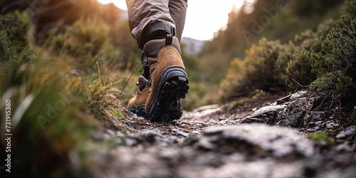 Close-Up of Walking Boots on a Nature Trail. Active Lifestyle Concept. photo