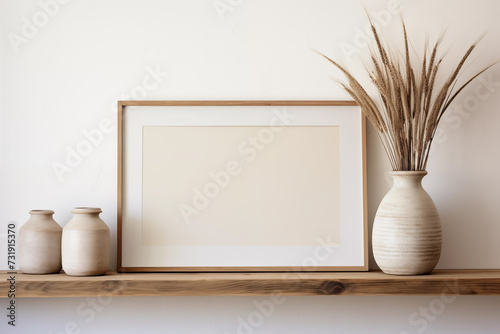 Simple wooden shelf with empty picture frame mockup, and ceramic vase with dried plants photo