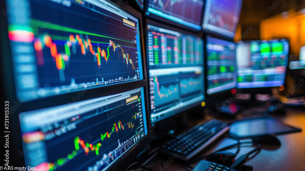 Explore the detailed setup of a stock trader's desk, featuring live global stock exchange data and currency rates across multiple screens, highlighting intense focus and strategic decision-making. Explore the detailed setup of a stock trader's desk, featuring live global stock exchange data and currency rates across multiple screens, highlighting intense focus and strategic decision-making.