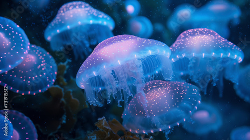 Bioluminescent ballet of jelly fish illuminate the ocean depths in a dazzling dance of light, revealing the hidden magic beneath the waves