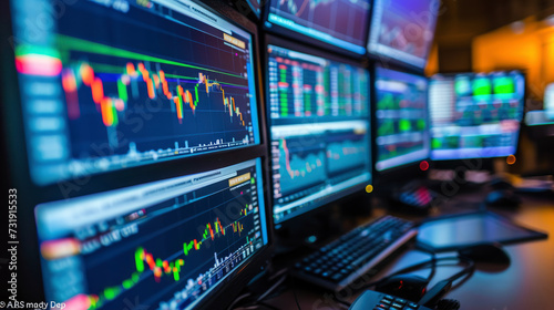 Explore the detailed setup of a stock trader's desk, featuring live global stock exchange data and currency rates across multiple screens, highlighting intense focus and strategic decision-making.
