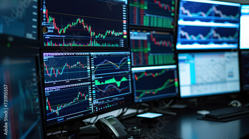 A stock trader's world: Multiple screens display real-time economic news, market trends, and currency rates, emphasizing the critical analysis and concentration required in trading. photo
