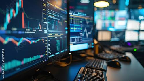 In the heart of financial trading: A detailed view of a trader’s desk with live data on stock exchanges, economic updates, and currency rates, showcasing the decision-making in action.