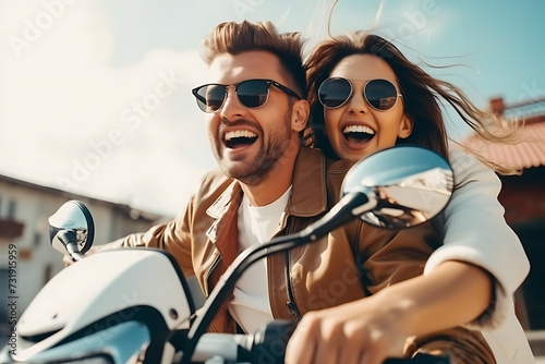 portrait of tourist couple on a motorcycle