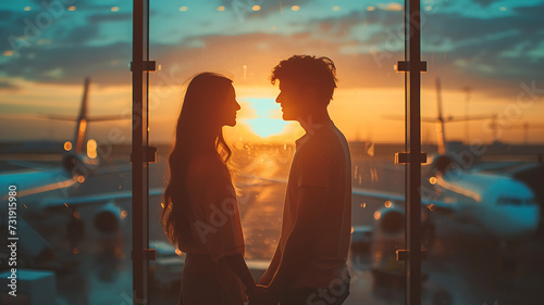 couple watching each other in love attitude at airport at sunset