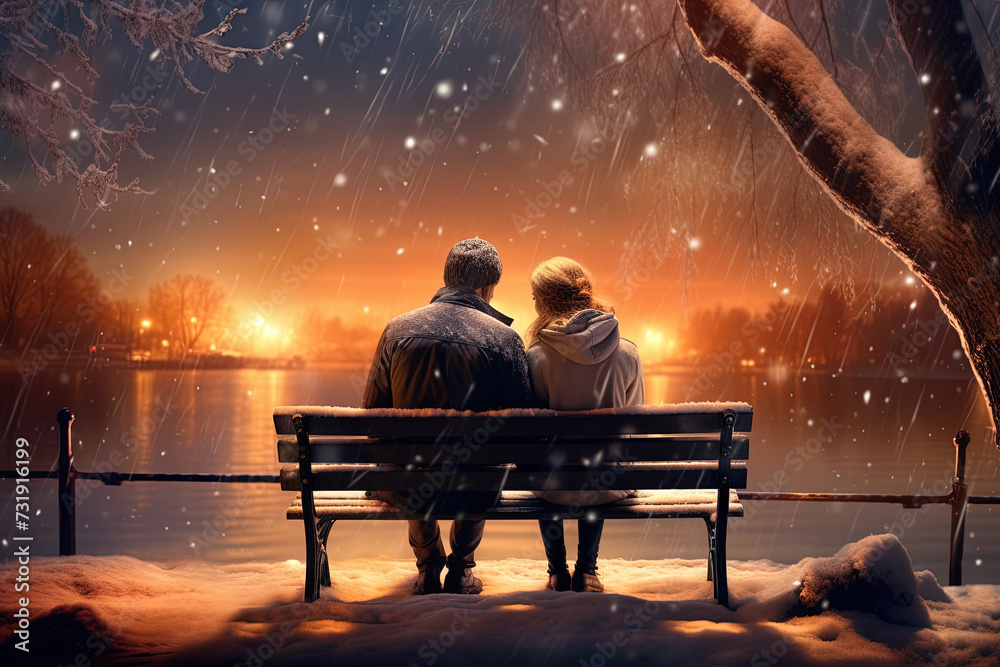 Verliebtes Paar sitzt auf einer Bank in der Nacht und beobachtet den Sternenhimmel
 - obrazy, fototapety, plakaty 