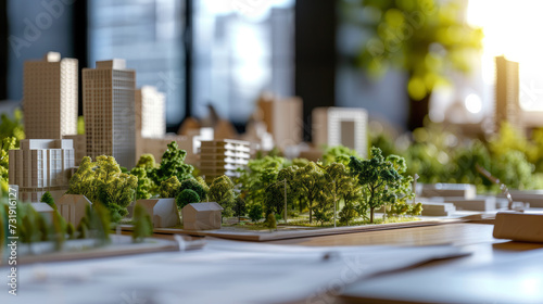 Explore the detailed workspace of an urban planner focused on sustainable city developments, featuring blueprints and models for green infrastructure and eco-friendly growth. #731916127