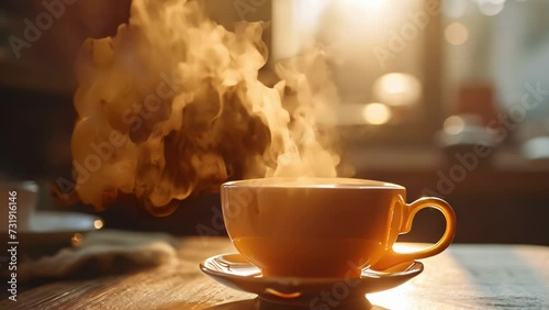 a cup of delicious coffee with steam rising photo