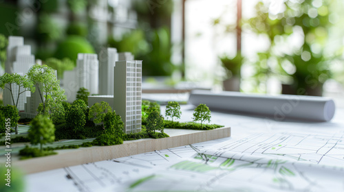 The essence of eco-friendly urban development captured through the lens of an urban planner's workspace, highlighting sustainable architecture and green planning solutions. #731916155