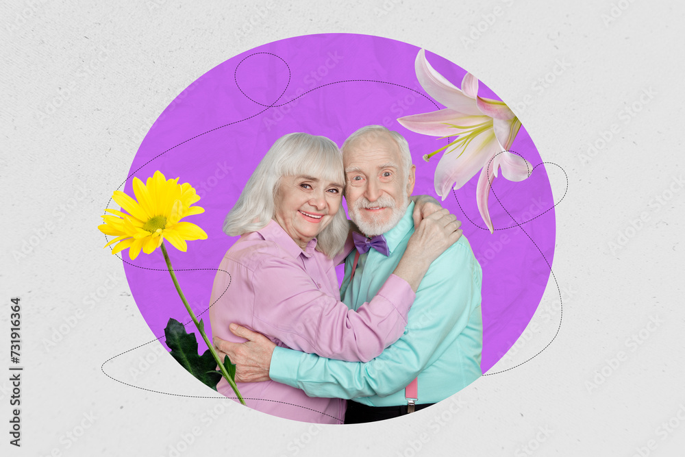 Fototapeta premium 3d retro abstract creative artwork template collage of cute pensioner couple embrace flowers fantasy billboard comics zine minimal