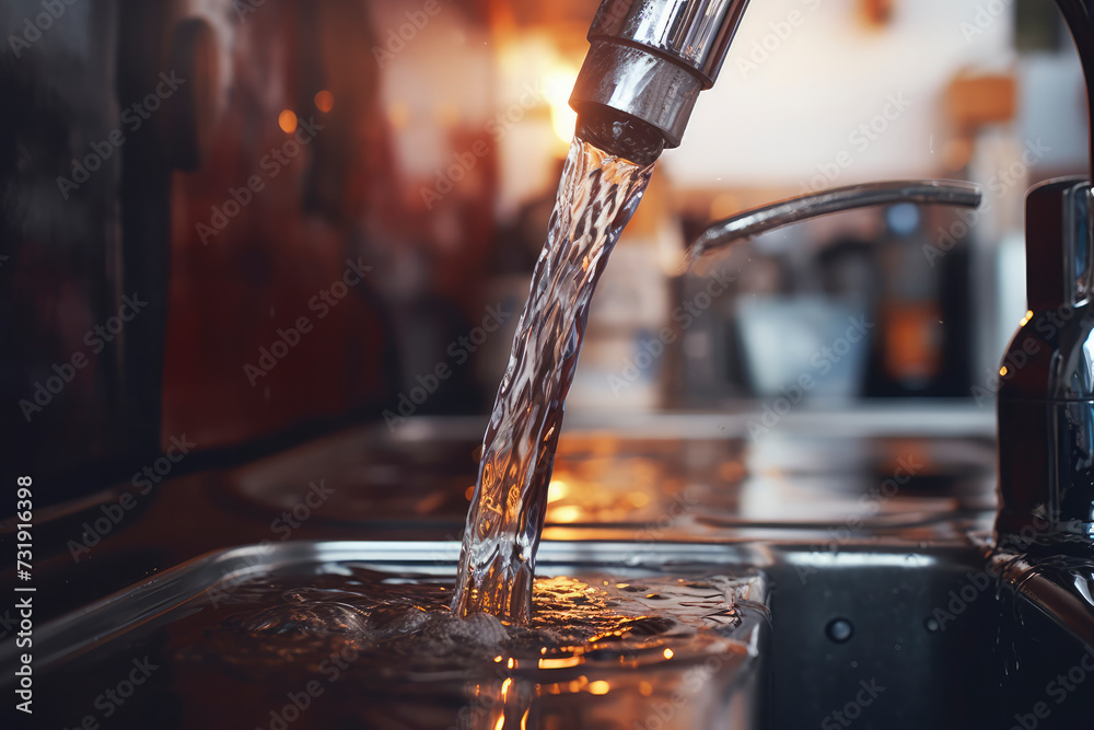 Fresh tap, water coming out of kitchen tap. A sleek stainless steel faucet delivers pure liquid refreshment. Simplicity captured in liquid motion. - obrazy, fototapety, plakaty 