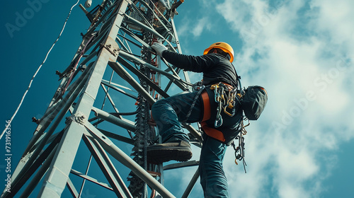 Telecommunications Worker Ascending a Tower