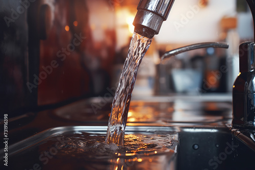 Fresh tap, water coming out of kitchen tap. A sleek stainless steel faucet delivers pure liquid refreshment. Simplicity captured in liquid motion. photo