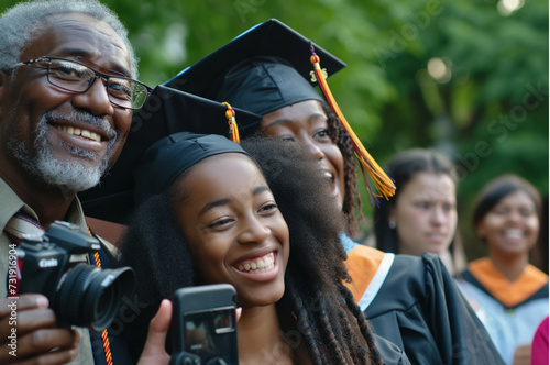 Young black female teenager celebrating graduation with Grandfather and school friends