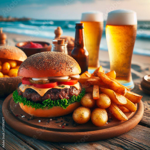 Deliciosa hamburguesa con queso cheddar, papas y 2 cerveza fría en una playa paradisiaca photo
