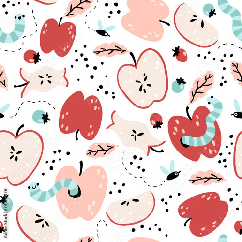 Organic waste. Seamless pattern with worms, flies, fruits, berries. Natural colorful composting in a simple cartoon hand-drawn background. Funny illustration