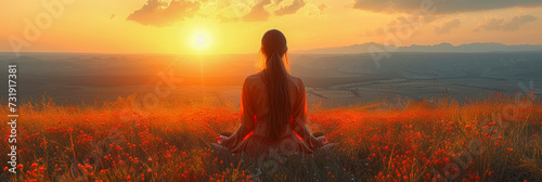 A girl sits in a flower meadow in a meditation pose and looks into the distance, a view from the back of a meditating girl in the mountains.