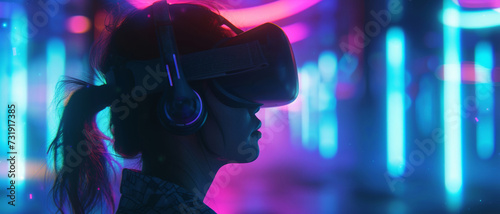 A woman is immersed in a vibrant cyber world, wearing a VR headset amidst neon lights © Ai Studio
