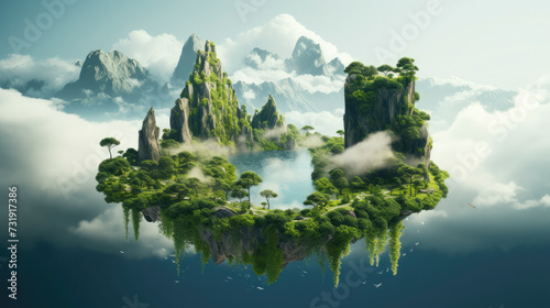Flying land with beautiful landscape, green grass and waterfalls mountains, floating forest island isolated with clouds