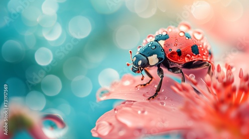 red ladybug on a pink flower with dew on it photo