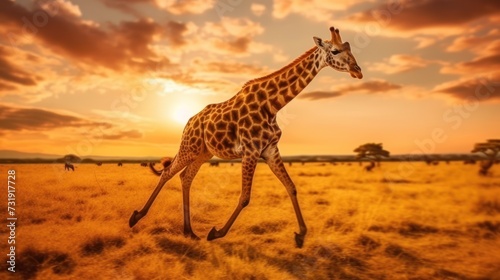 Giraffe running in the middle of the savanna at sunset