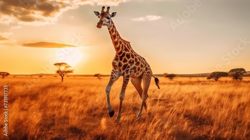 Giraffe running in the middle of the savanna at sunset
