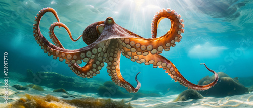 An octopus glides majestically through sunlit waters, its tentacles creating a dance of shadows on the sea bed