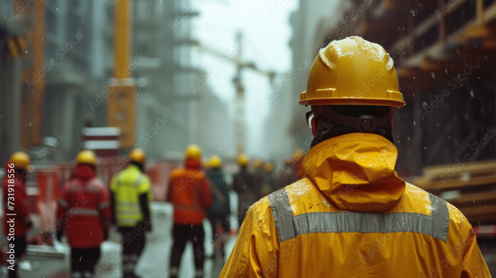 Construction team conducting a safety briefing showcasing efficient site health and safety and evacuation procedures. Construction team conducting a safety briefing showcasing efficient site health and safety and evacuation procedures.
