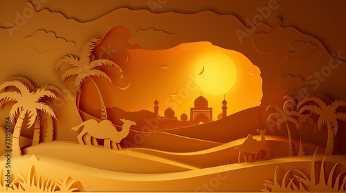 Arabian Night in Desert. Vector illustration. Place for text. Ramadan Kareem landscape, camel caravan, mosque and palms in oasis, paper cut 3d style. Ramadhan creative modern banner poster