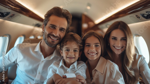 Happy family aboard a private plane, portraying the joy of family and jet setting with a luxurious aircraft interior.