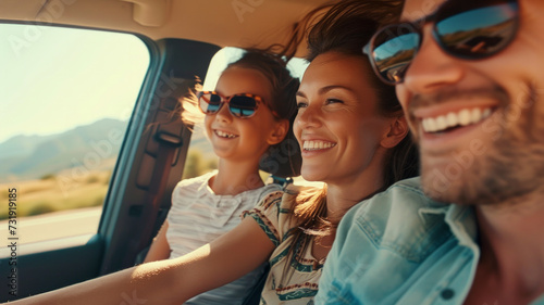 Happy family enjoying a road trip in a spacious SUV, highlighting the joy of family adventures.  © David