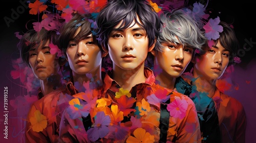 AI generated illustration of a group of Asian young guys on a vibrant background